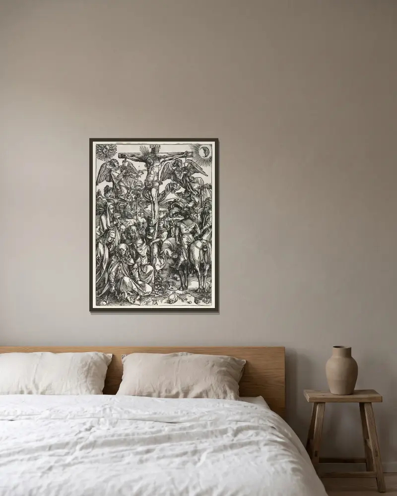 The Crucifixion, 1497 – nr 2 av Albrecht Dürer inramad på en vägg