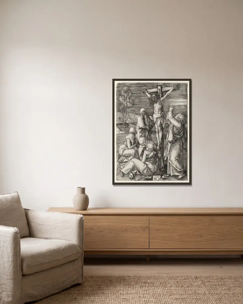 The Crucifixion, 1508 av Albrecht Dürer inramad på en vägg