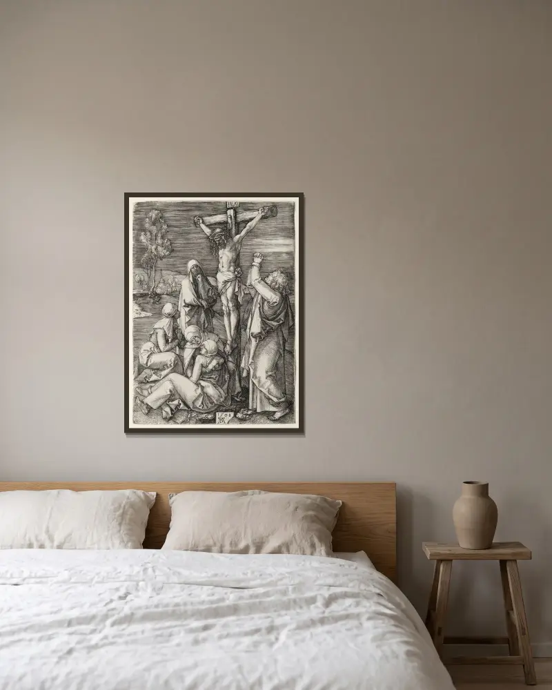 The Crucifixion, 1508 av Albrecht Dürer inramad på en vägg