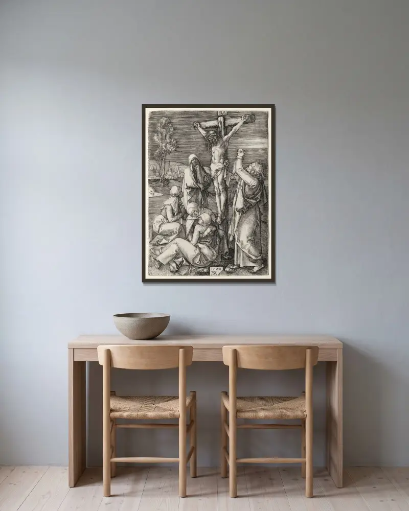 The Crucifixion, 1508 av Albrecht Dürer inramad på en vägg