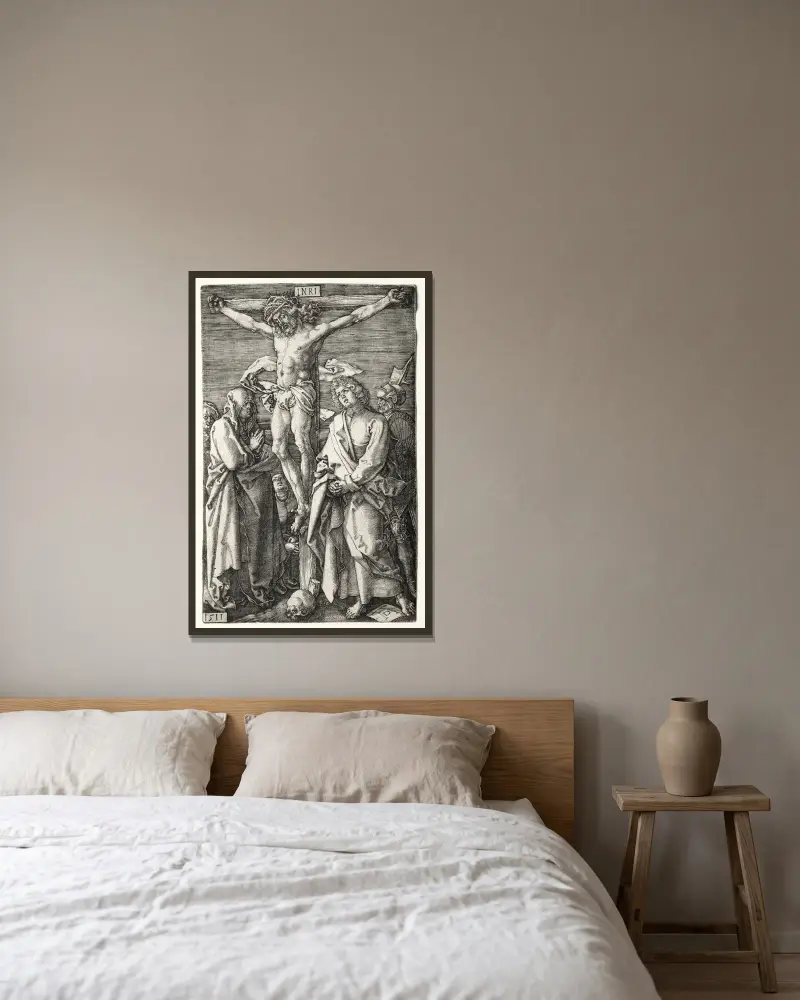 The Crucifixion, 1511 av Albrecht Dürer inramad på en vägg