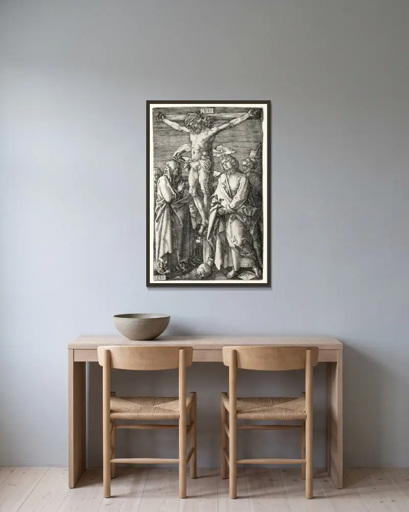 The Crucifixion, 1511 av Albrecht Dürer inramad på en vägg