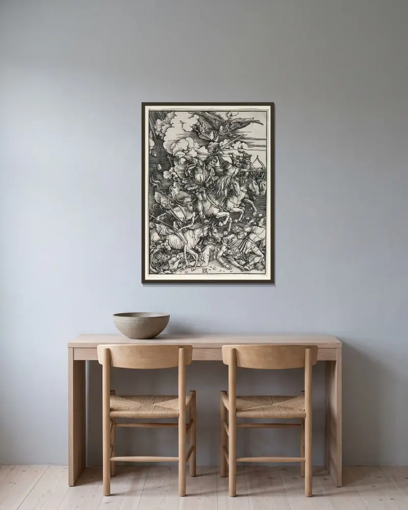 The Four Horsemen, from The Apocalypse av Albrecht Dürer inramad på en vägg