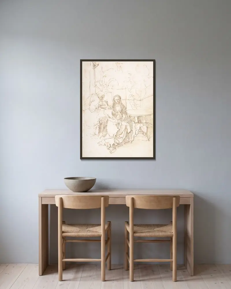 Den heliga familjen i en inhägnad trädgård av Albrecht Dürer inramad på en vägg