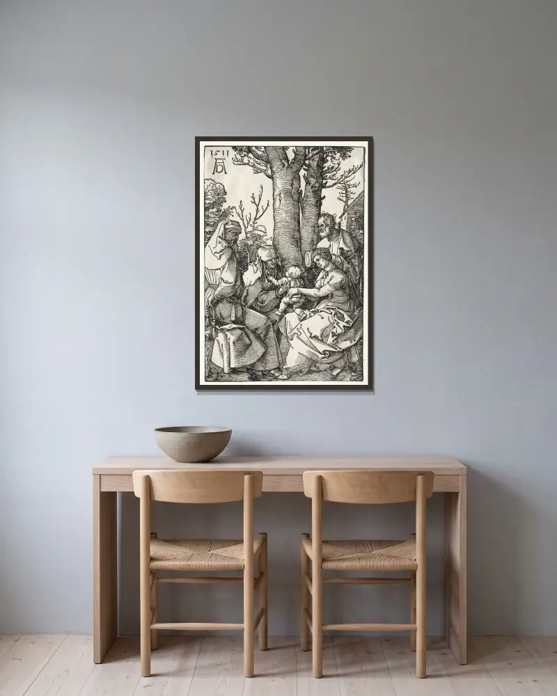 Den heliga familjen med Joakim och Anna av Albrecht Dürer inramad på en vägg