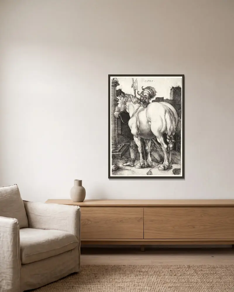 Der große Hengst von Albrecht Dürer gerahmt an einer Wand