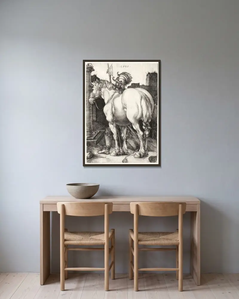 Der große Hengst von Albrecht Dürer gerahmt an einer Wand