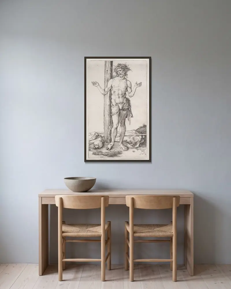 The Man of Sorrows Standing, with Hands Raised av Albrecht Dürer inramad på en vägg