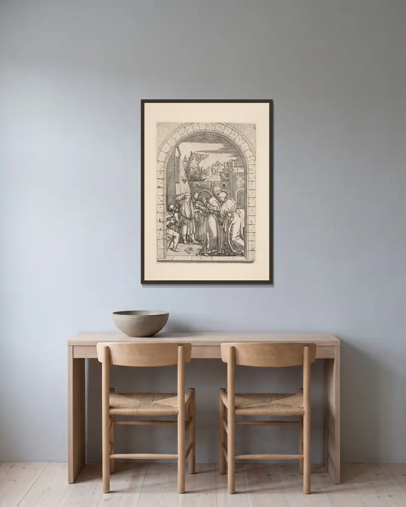 The Meeting of Joachim and Anne at the Golden Gate av Albrecht Dürer inramad på en vägg