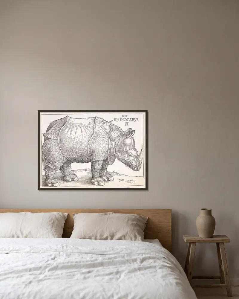 The rhinoceros, 1515 – nr 2 av Albrecht Dürer inramad på en vägg