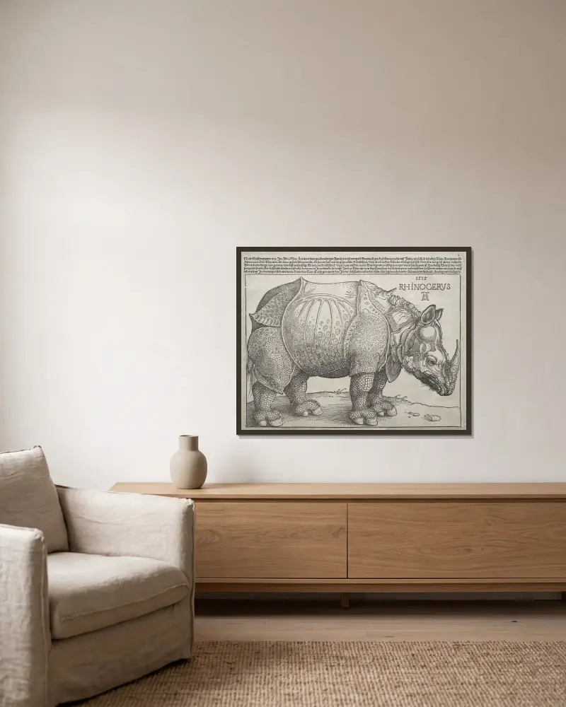 The Rhinoceros, 1515 – nr 1 av Albrecht Dürer inramad på en vägg