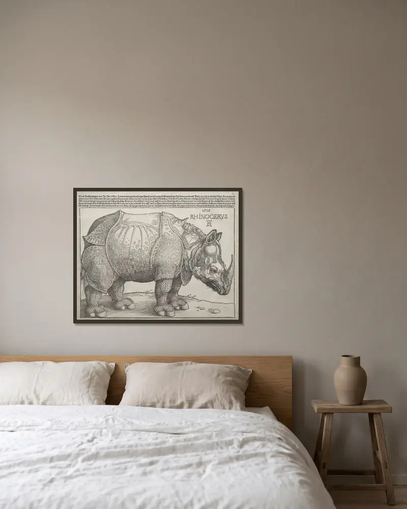 The Rhinoceros, 1515 – nr 1 av Albrecht Dürer inramad på en vägg