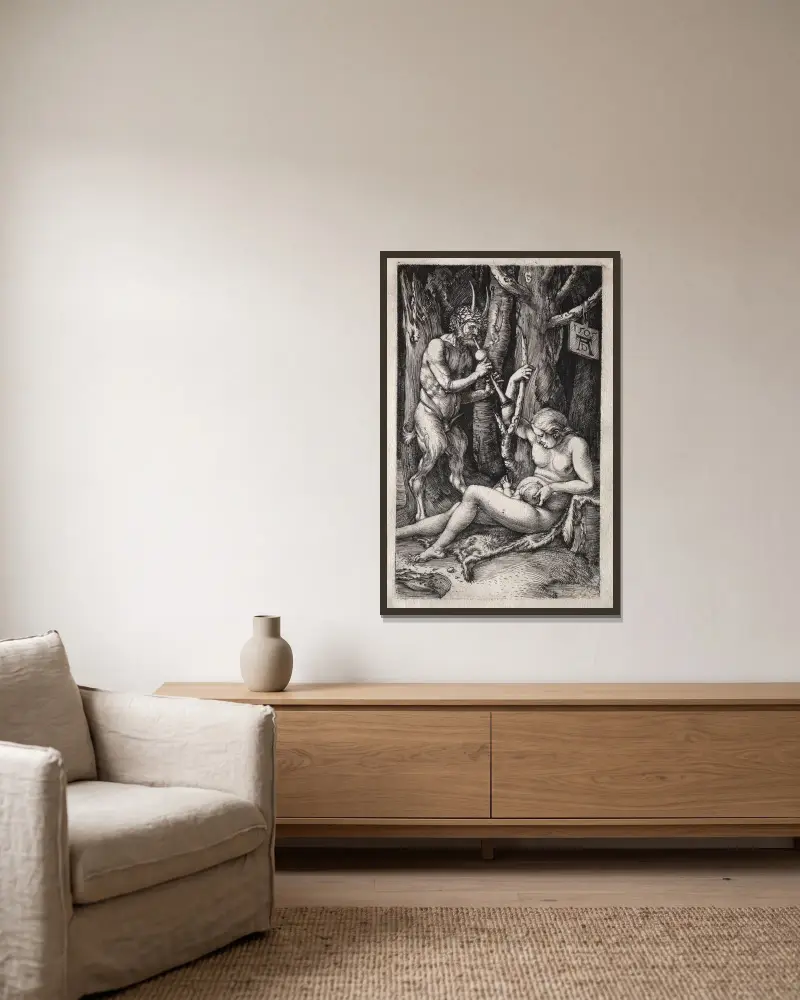 The Satyr Family av Albrecht Dürer inramad på en vägg