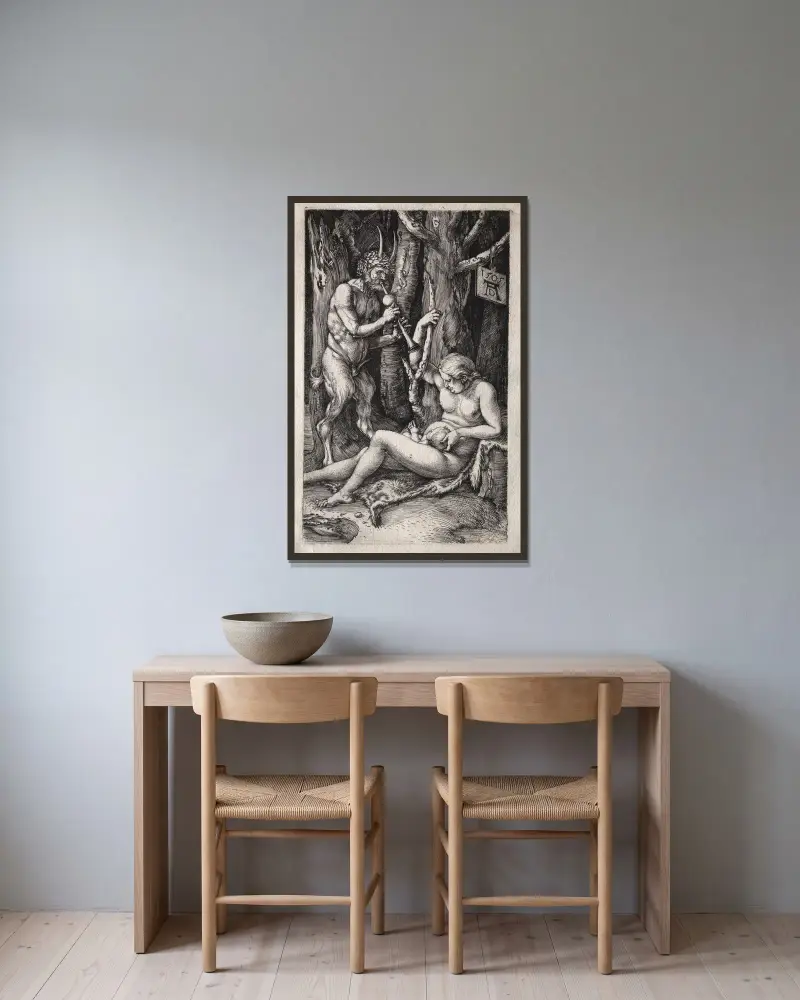 The Satyr Family av Albrecht Dürer inramad på en vägg