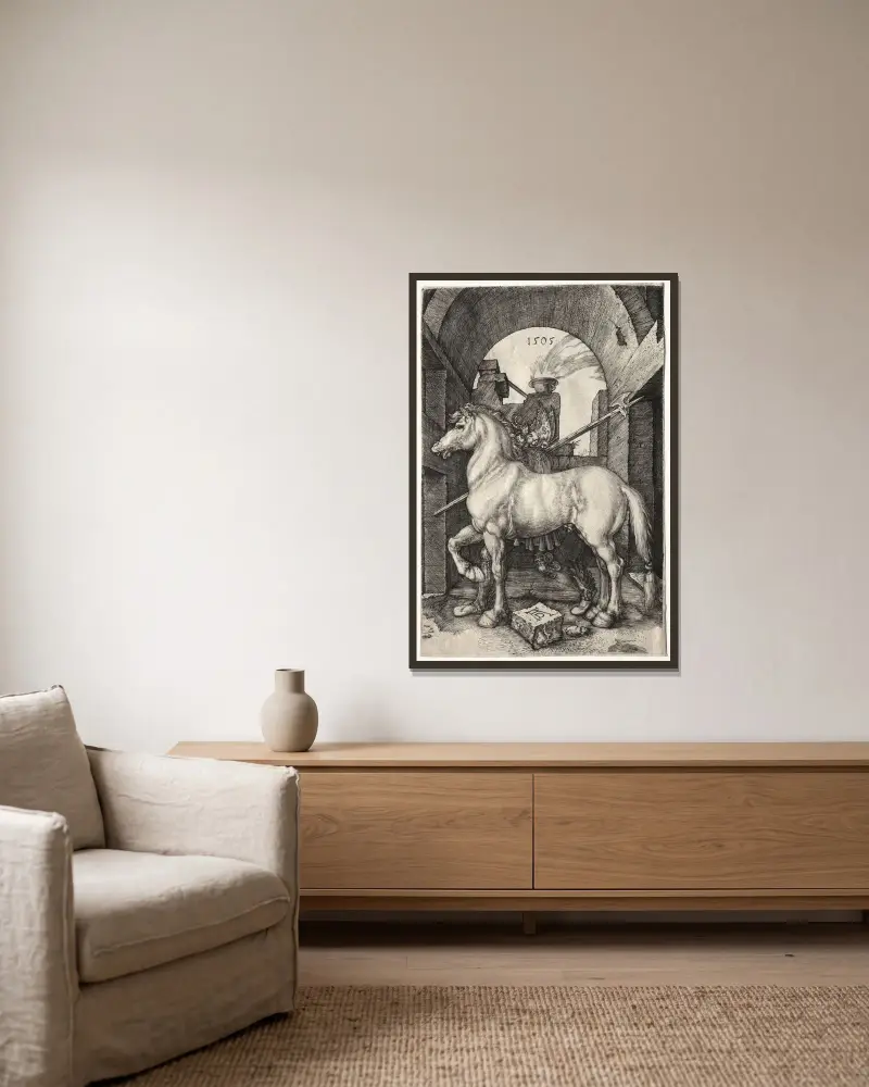Das kleine Pferd von Albrecht Dürer gerahmt an einer Wand
