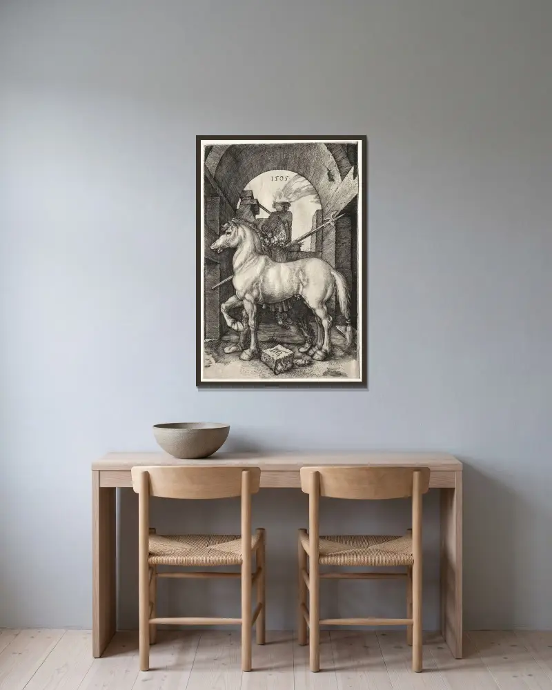 Das kleine Pferd von Albrecht Dürer gerahmt an einer Wand