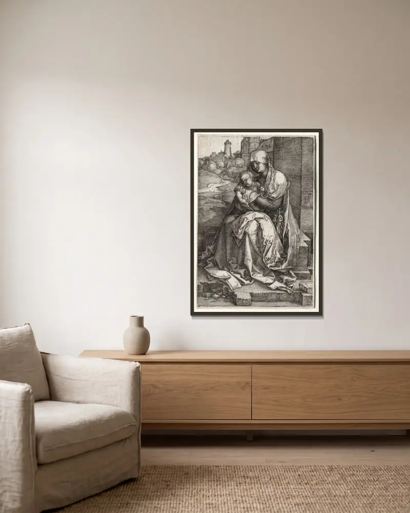 Jungfrun och barnet sittande vid muren av Albrecht Dürer inramad på en vägg
