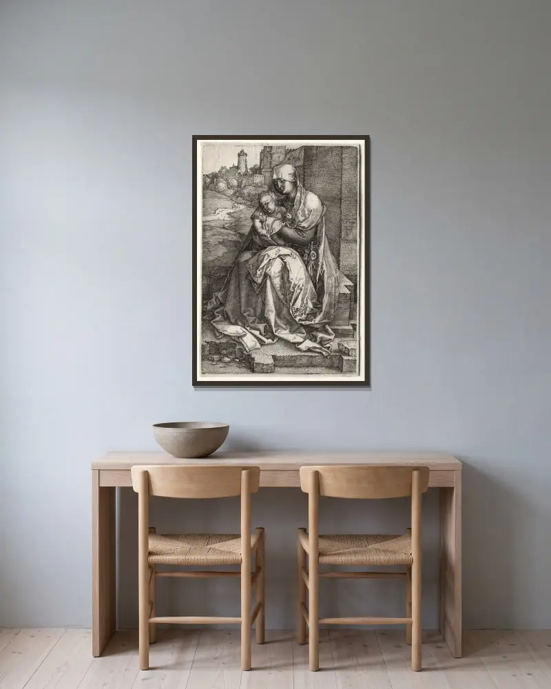 Jungfrun och barnet sittande vid muren av Albrecht Dürer inramad på en vägg
