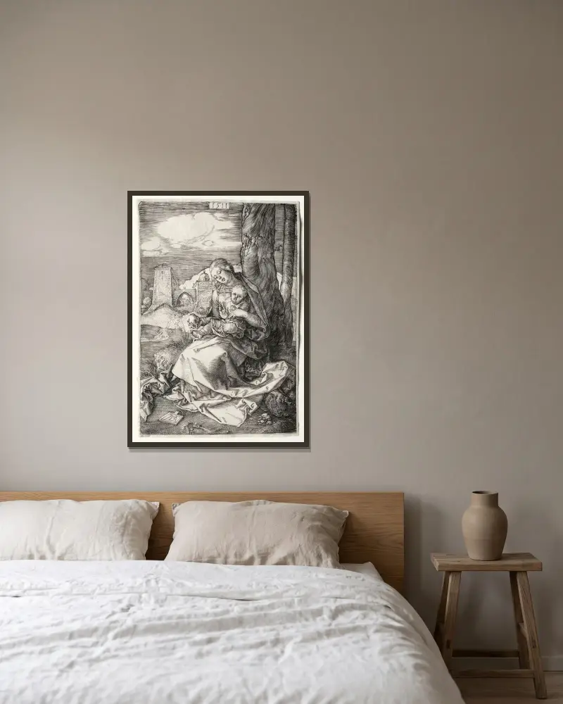 Jungfrun och barnet med päronet av Albrecht Dürer inramad på en vägg