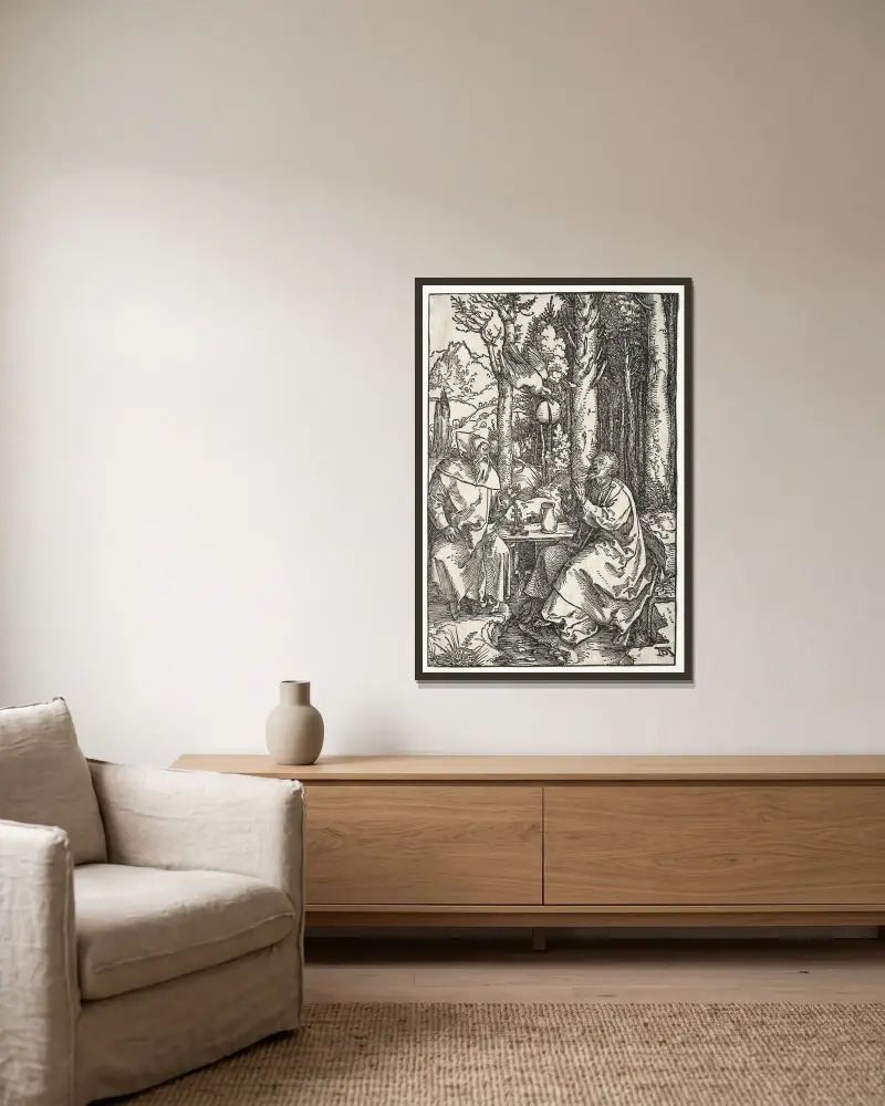 Den helige Antonius besök hos Paulus Eremiten av Albrecht Dürer inramad på en vägg