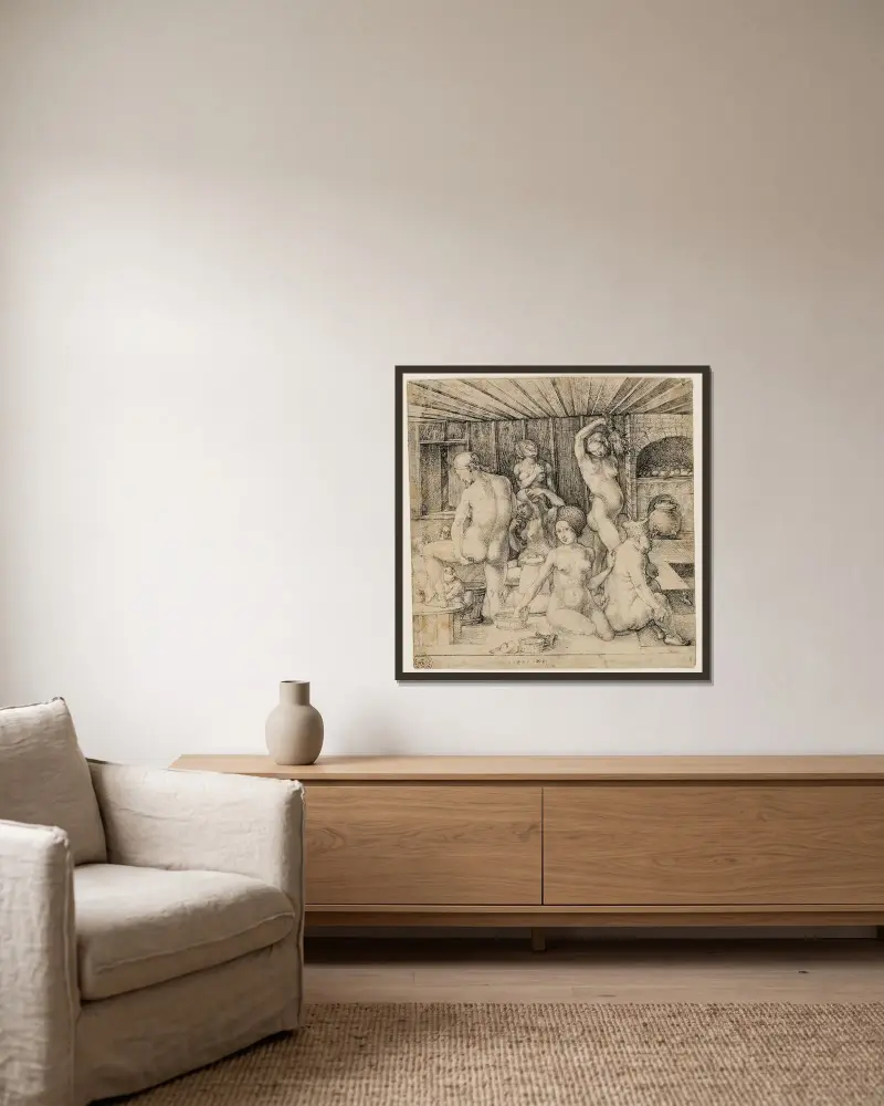 Das Frauenbad von Albrecht Dürer gerahmt an einer Wand