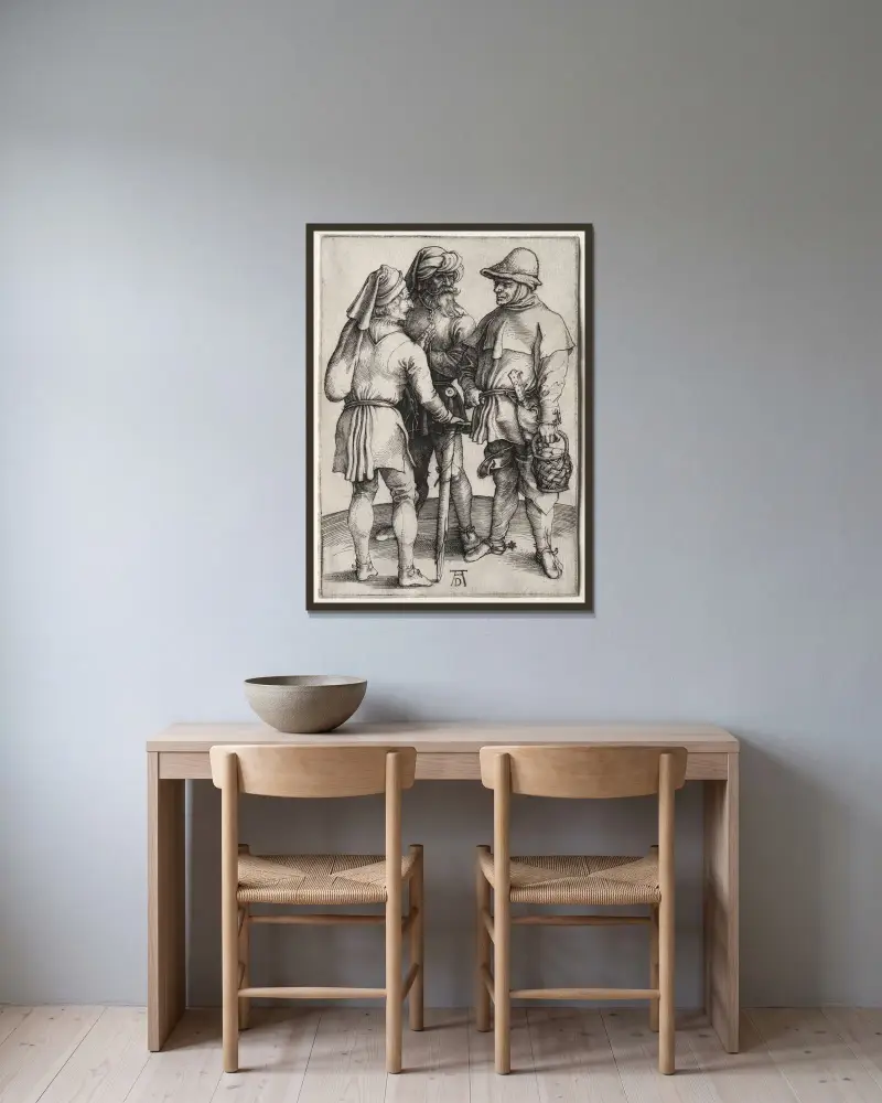 Three Peasants in Conversation av Albrecht Dürer inramad på en vägg