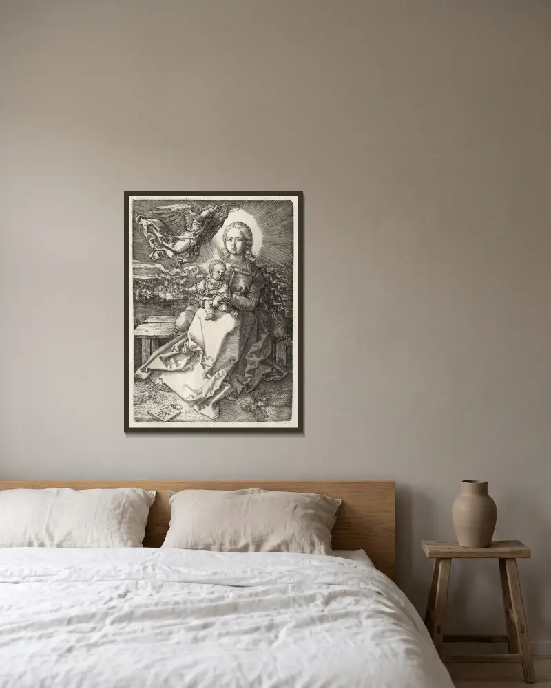 Virgin Crowned by an Angel av Albrecht Dürer inramad på en vägg