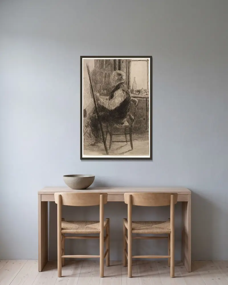 Konstnär vid staffliet av Julian Alden Weir inramad på en vägg