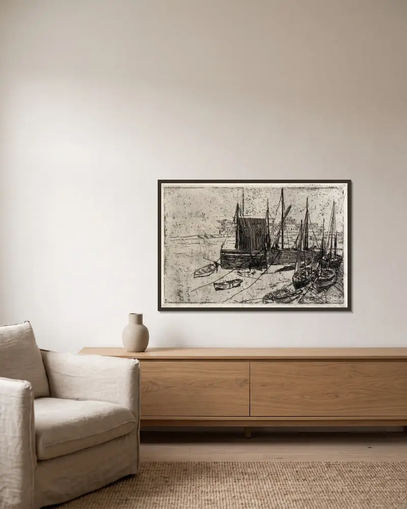Båtar vid Port Erin – Isle of Man av Julian Alden Weir inramad på en vägg