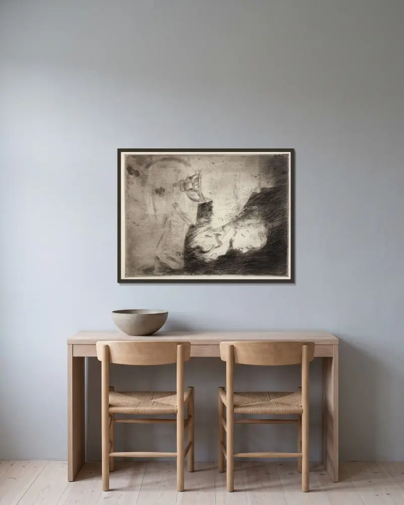 Eventide av Julian Alden Weir inramad på en vägg