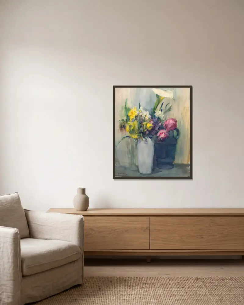 Blommor av Julian Alden Weir inramad på en vägg