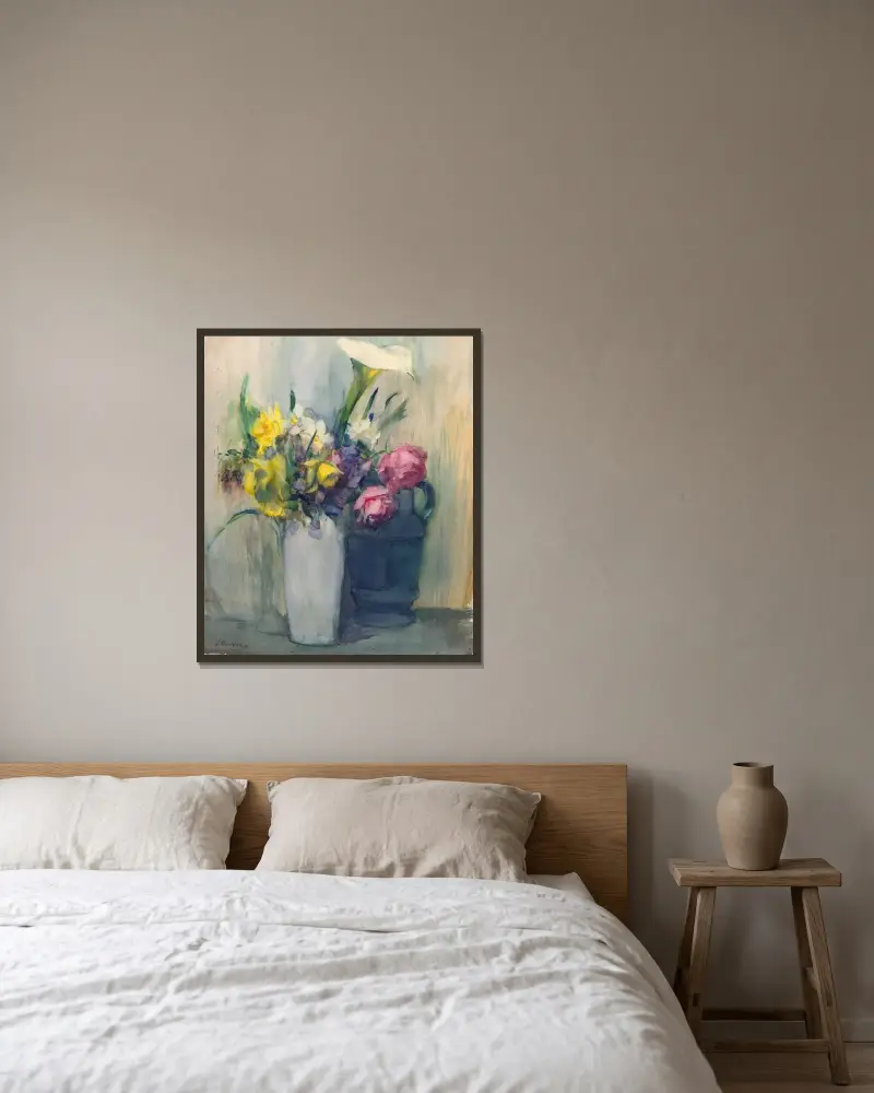 Blommor av Julian Alden Weir inramad på en vägg