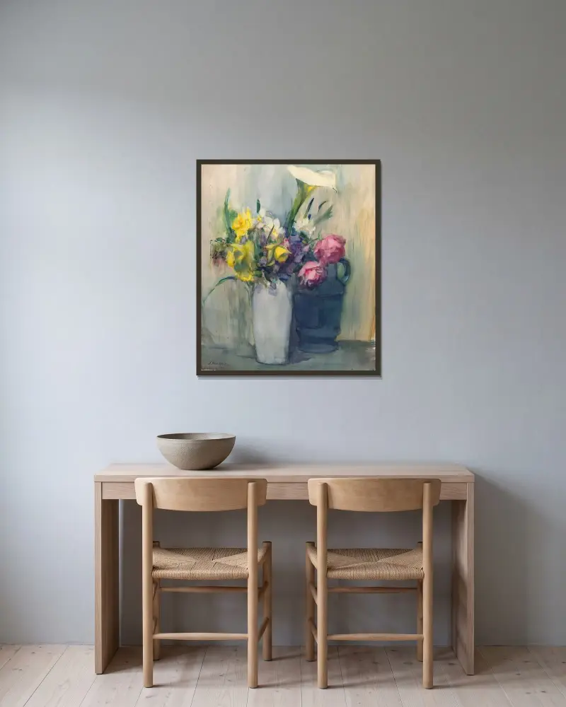 Blommor av Julian Alden Weir inramad på en vägg