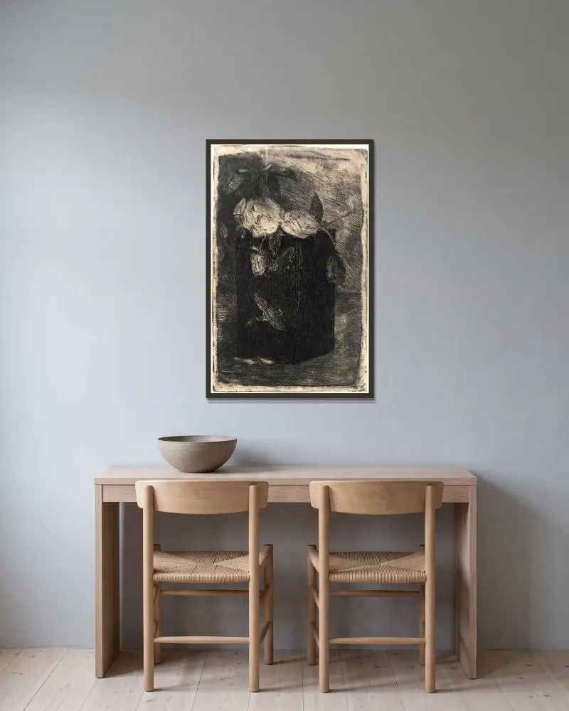 Blommor i japansk kruka av Julian Alden Weir inramad på en vägg
