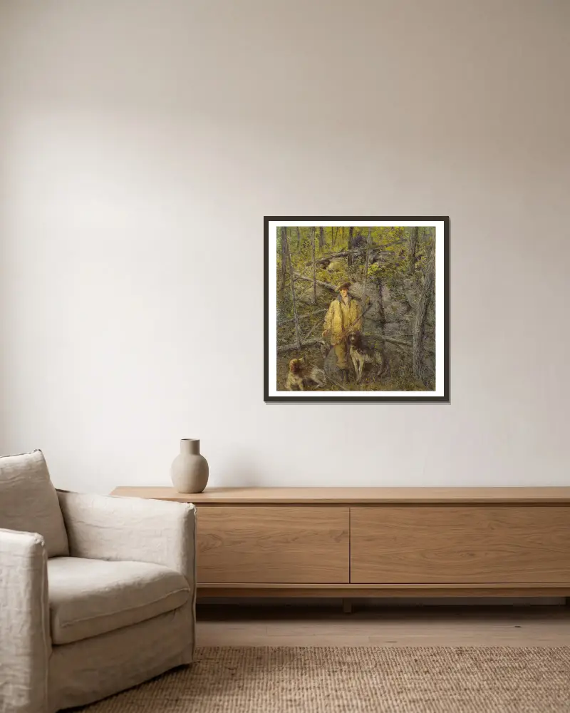 Jäger und Hunde von Julian Alden Weir gerahmt an einer Wand