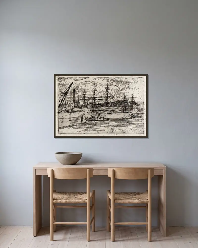 Liverpool Docks av Julian Alden Weir inramad på en vägg