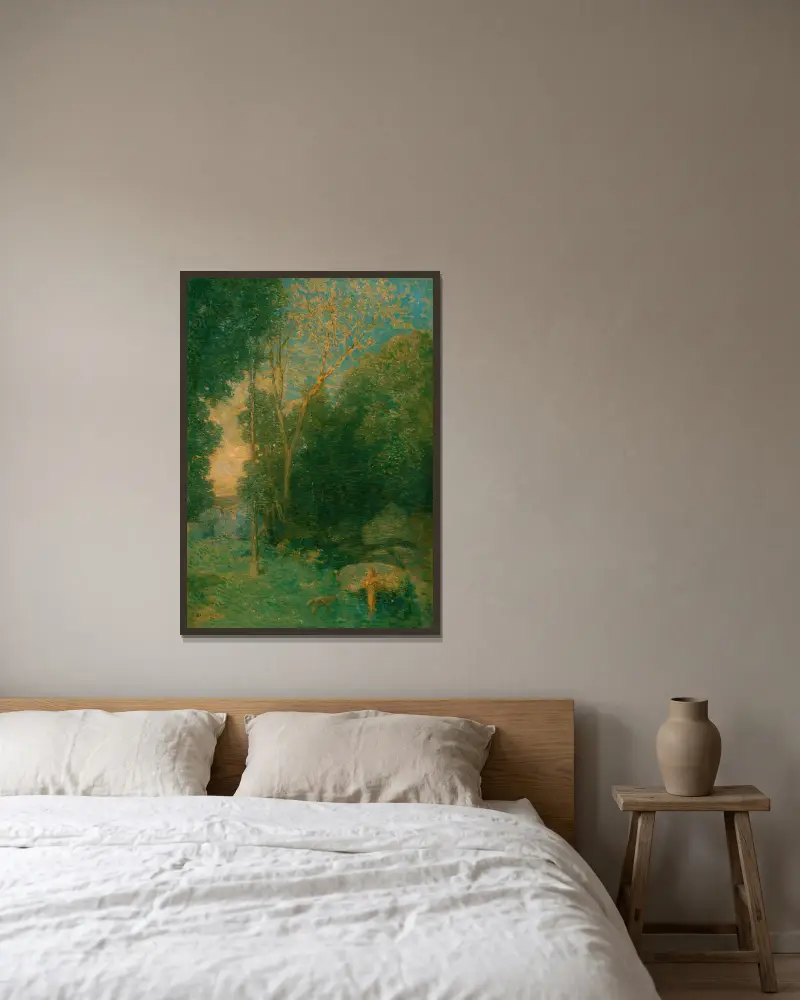 Pan und der Wolf von Julian Alden Weir gerahmt an einer Wand