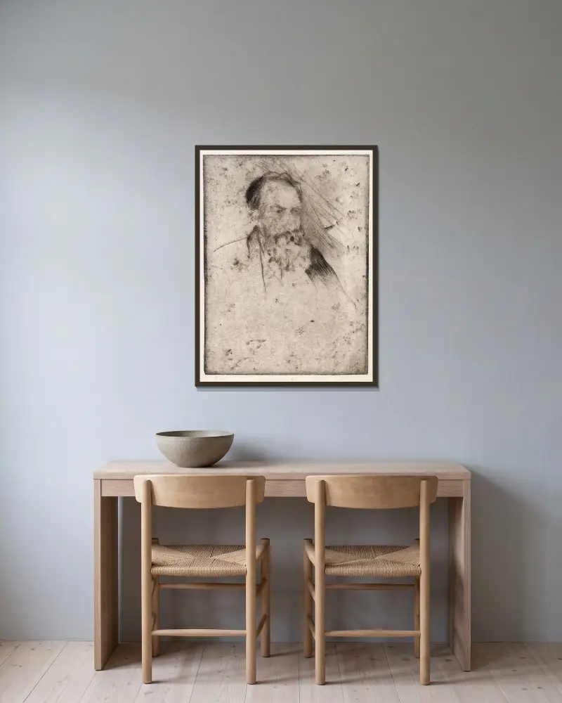Porträtt av Albert P. Ryder av Julian Alden Weir inramad på en vägg