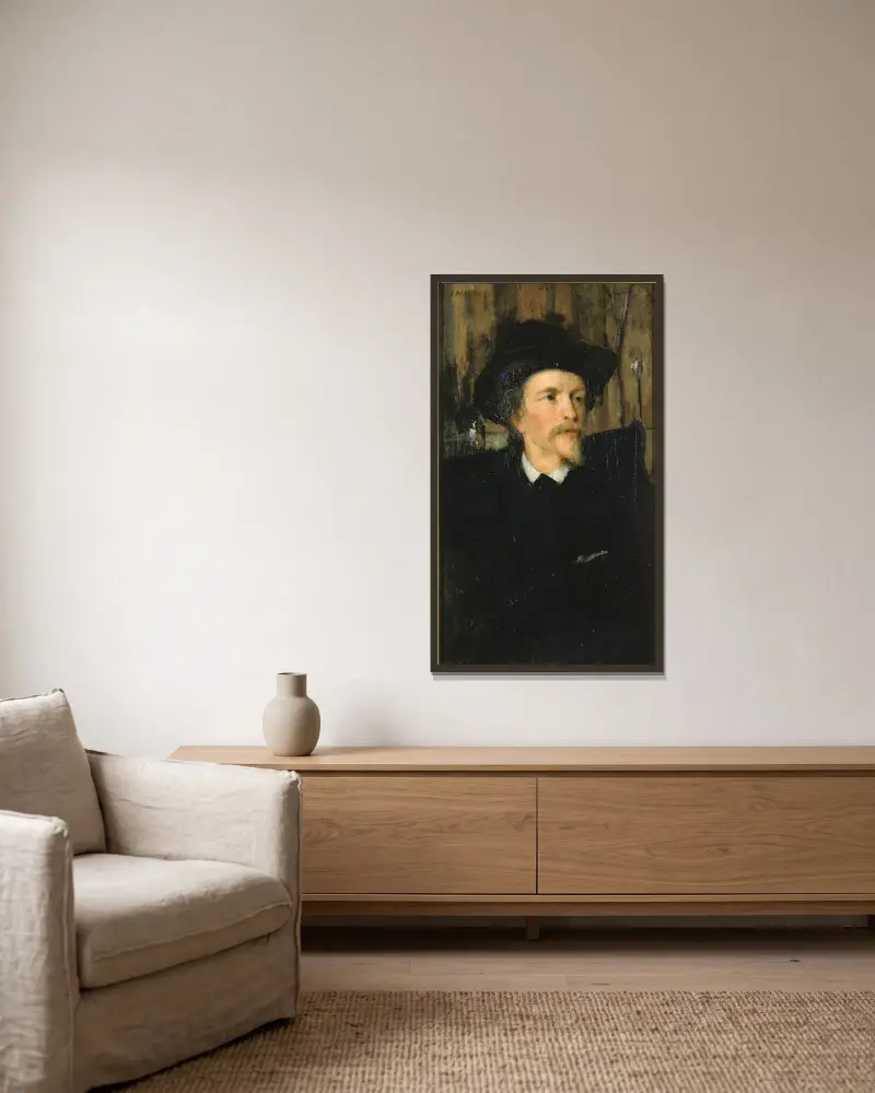Porträtt av Wyatt Eaton av Julian Alden Weir inramad på en vägg