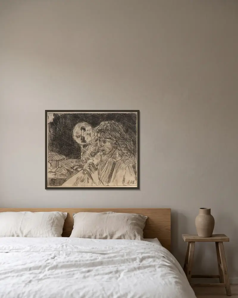 Sömnad vid levande ljus av Julian Alden Weir inramad på en vägg