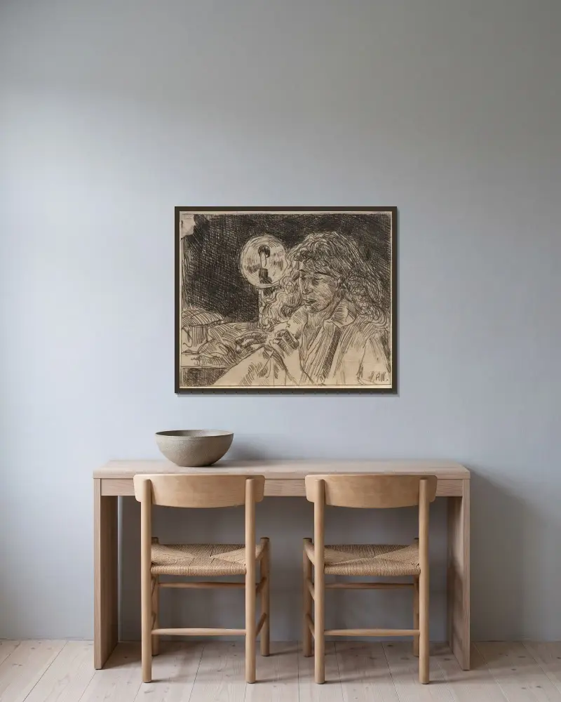 Sömnad vid levande ljus av Julian Alden Weir inramad på en vägg