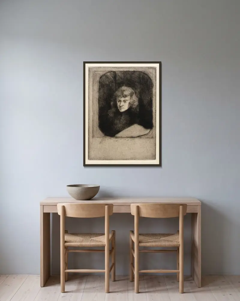 Studie i natt av Julian Alden Weir inramad på en vägg