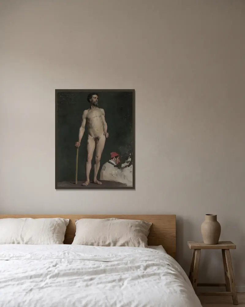 Studie av manlig nakenmodell lutad mot en stav av Julian Alden Weir inramad på en vägg