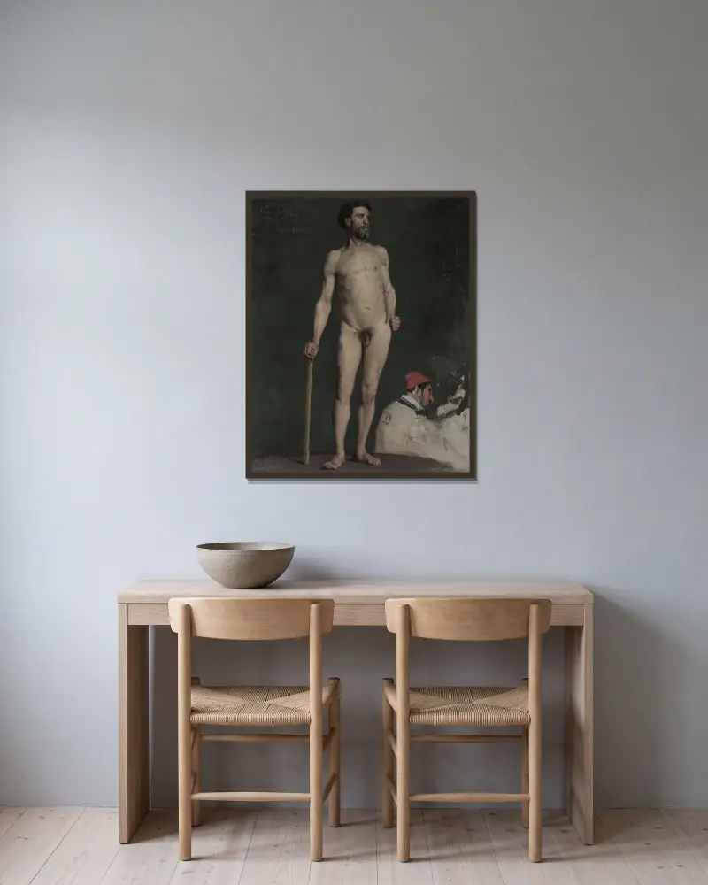 Studie av manlig nakenmodell lutad mot en stav av Julian Alden Weir inramad på en vägg
