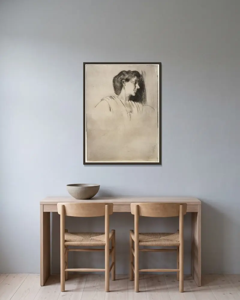 Studie av en kvinnas huvud i profil av Julian Alden Weir inramad på en vägg