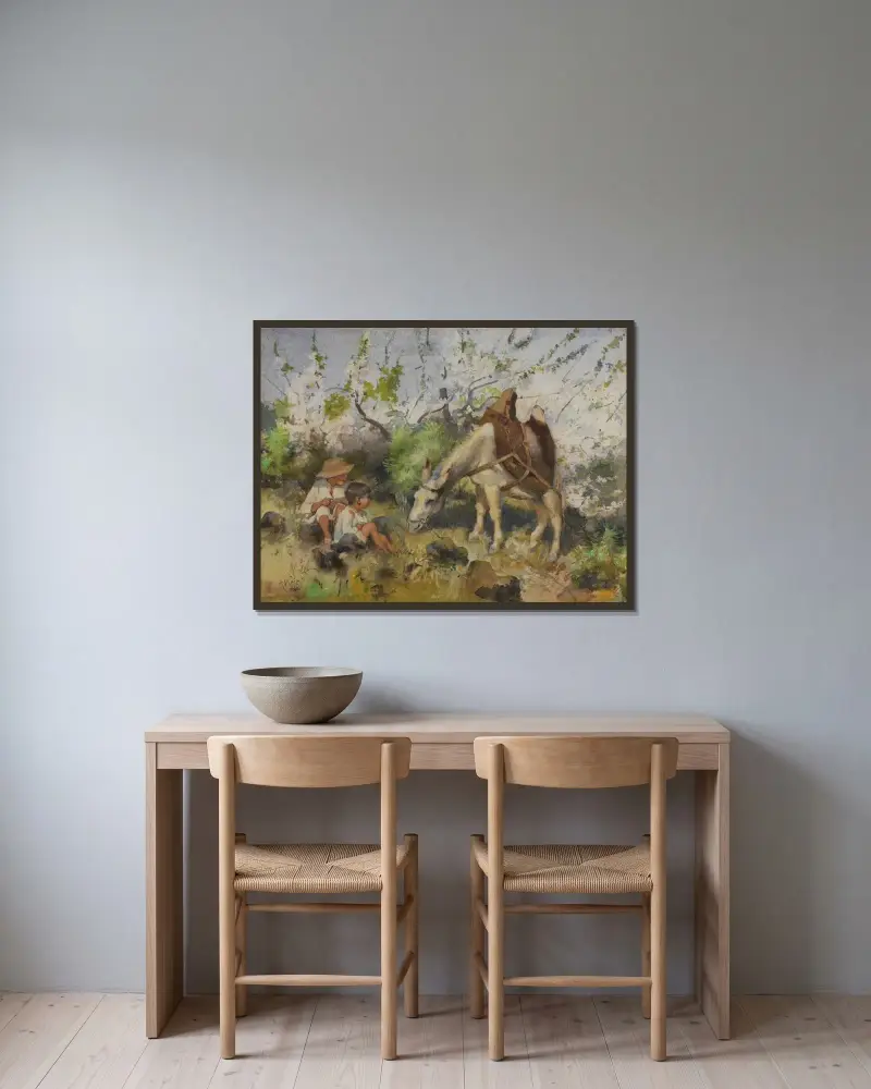 Sommarlandskap med barn och åsna av Julian Alden Weir inramad på en vägg