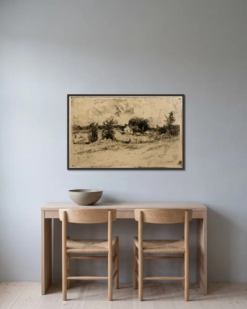 Gården av Julian Alden Weir inramad på en vägg