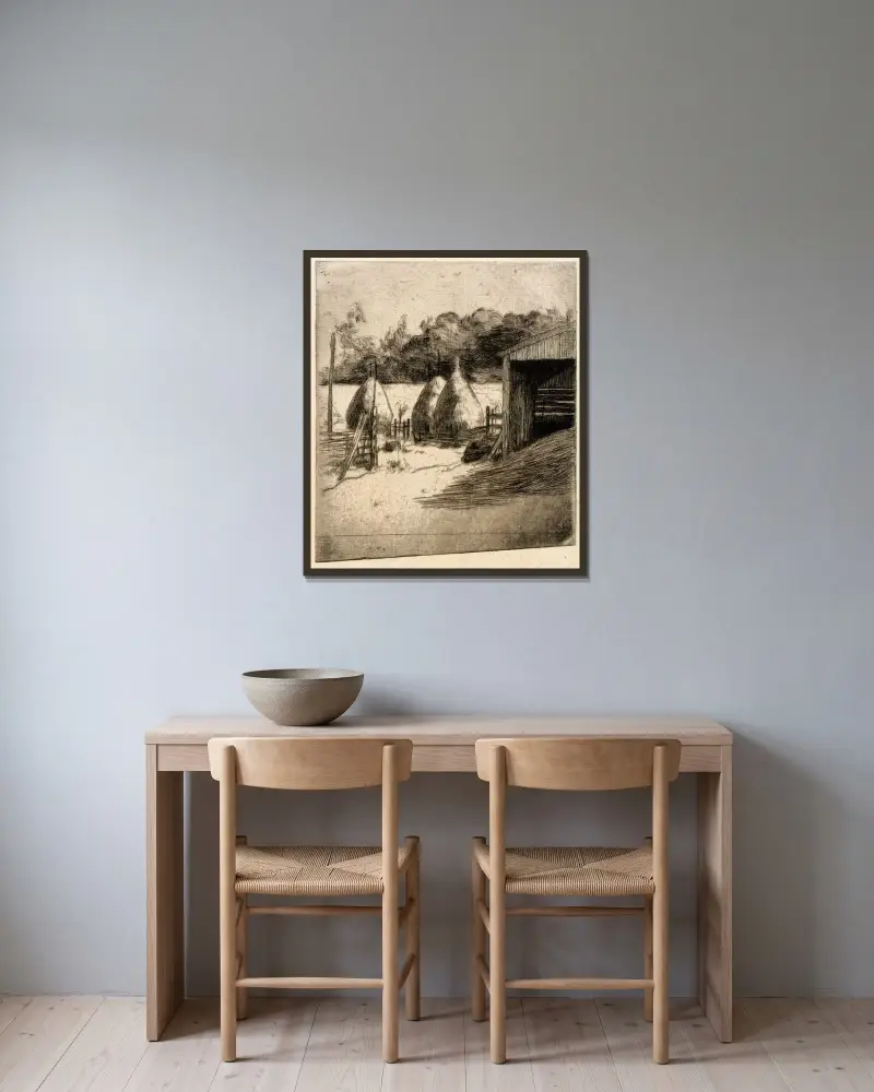 Höstackarna av Julian Alden Weir inramad på en vägg