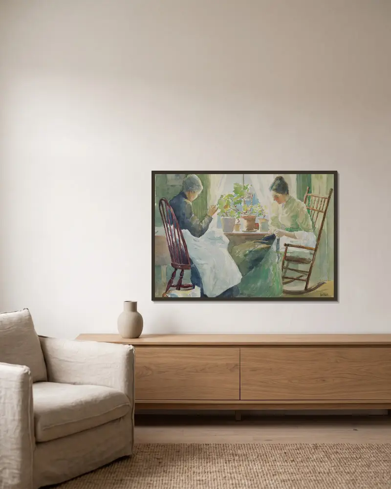 Zwei Frauen beim Nähen von Julian Alden Weir gerahmt an einer Wand