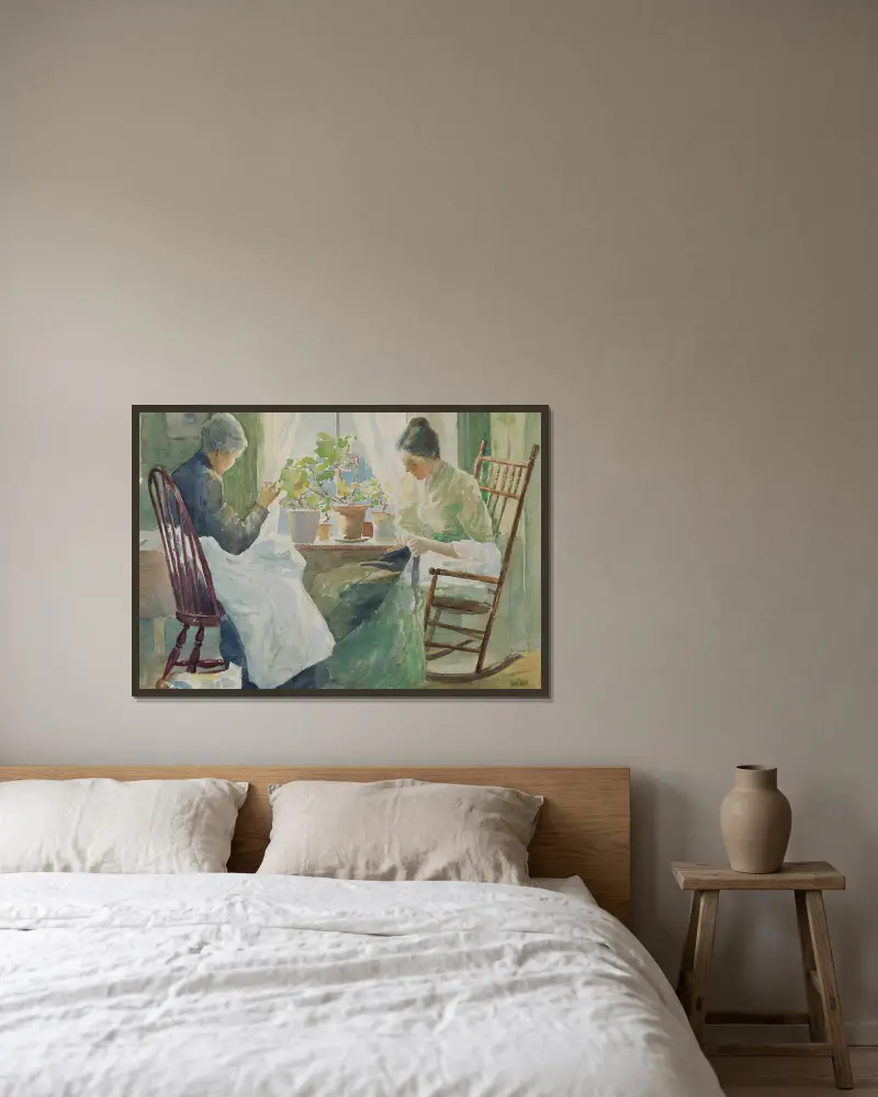 Zwei Frauen beim Nähen von Julian Alden Weir gerahmt an einer Wand